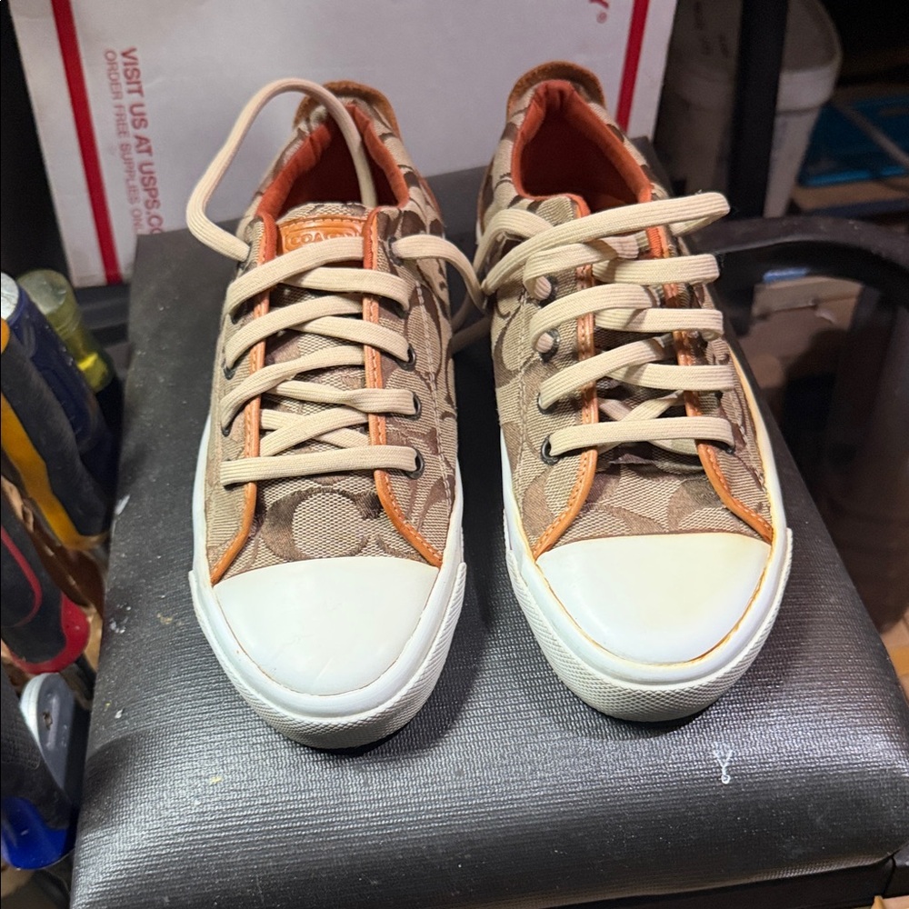 Coach Tan Signature Canvas Sneakers with White Toe Caps